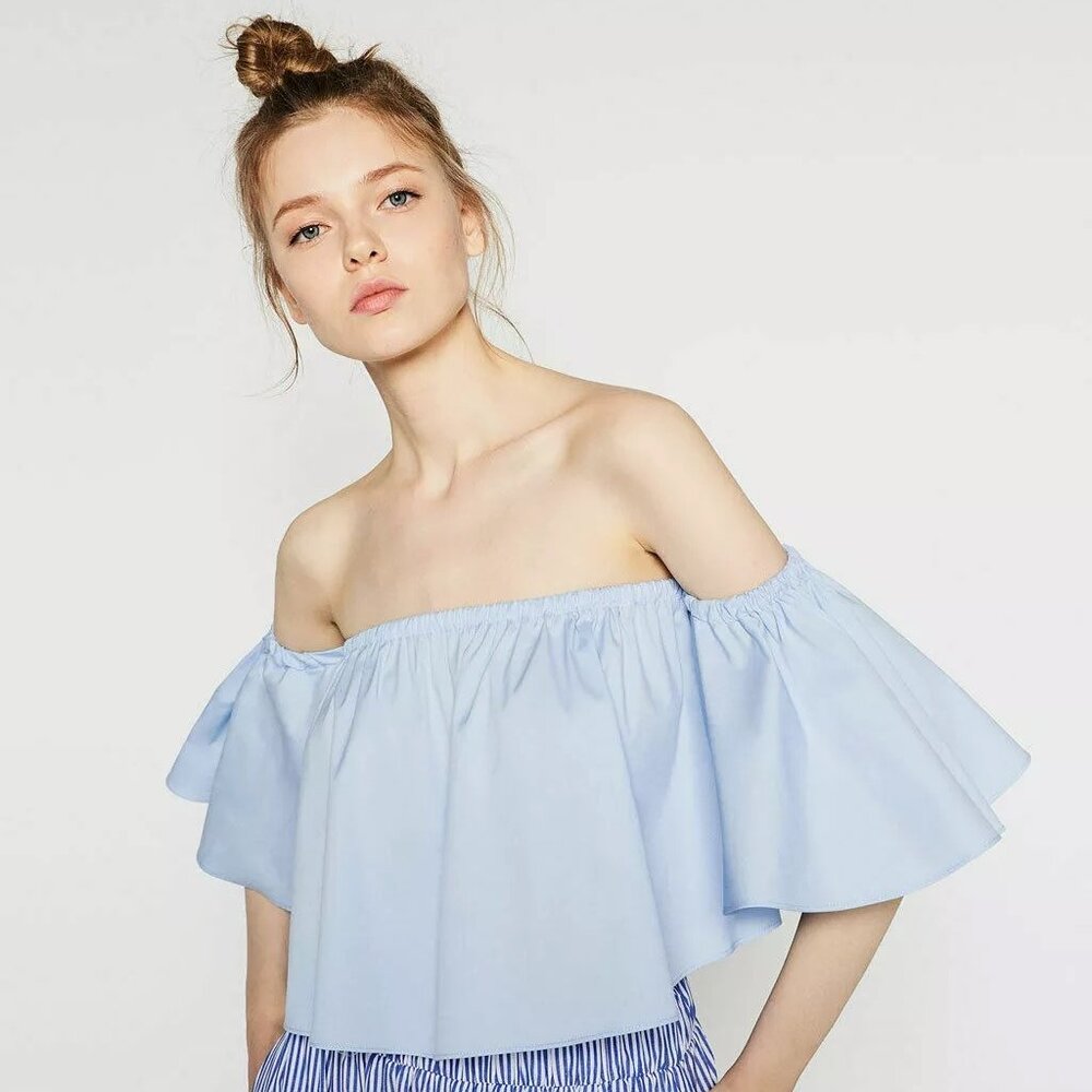 NWT ZARA PASTEL BABY BLUE Off Shoulder Crop Top Half Sleeve Size M 2620/873/403